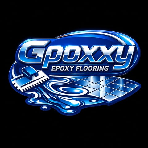 GpOXXY Epoxy Flooring logo featuring blue stylized text with a paint brush and geometric floor pattern on black background