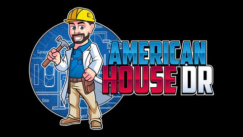 American House Doctor logo featuring a smiling contractor in yellow hard hat holding a wrench against a blueprint background