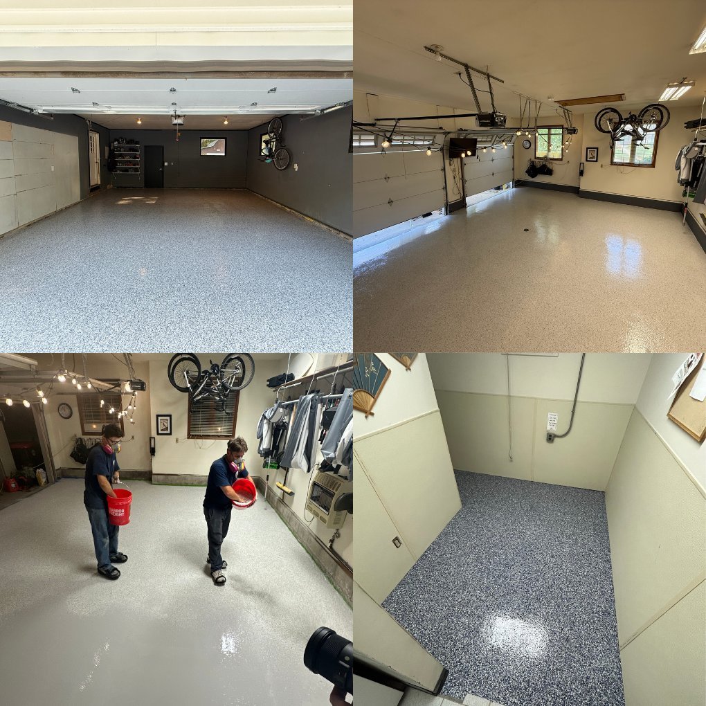 Collage of four garage interior photos showing empty spaces, epoxy floors, storage areas, and two people in boxing gloves during workout.
