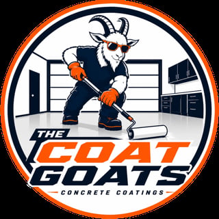 The Coat Goats logo featuring a cartoon goat holding a paint roller in a garage setting with orange and navy blue colors