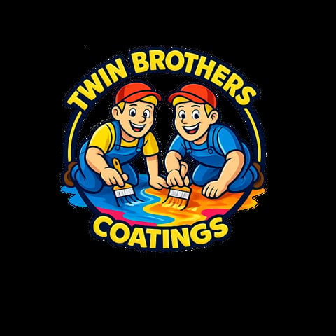 Twin Brothers Coatings logo featuring two smiling painters in red caps applying paint with brushes to a colorful surface