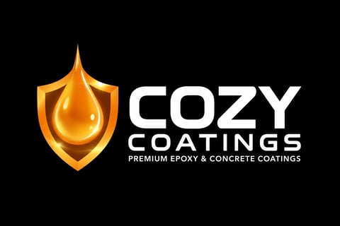 Cozy Coatings logo featuring a golden shield with a water droplet icon and white text on black background