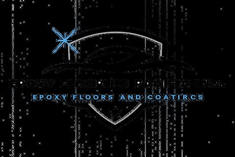 Blue snowflake icon above shield logo with text Epoxy Floors and Coatings on dark background
