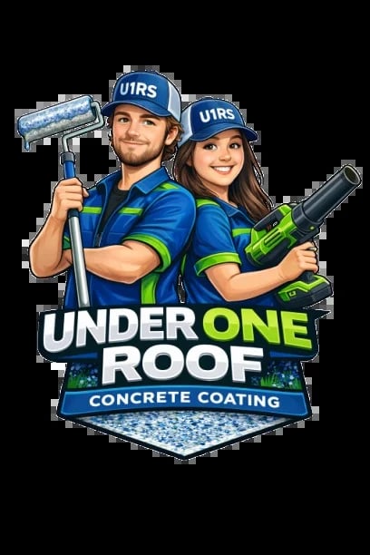 Under One Roof Concrete Coating logo with two workers in blue UIRS uniforms holding tools