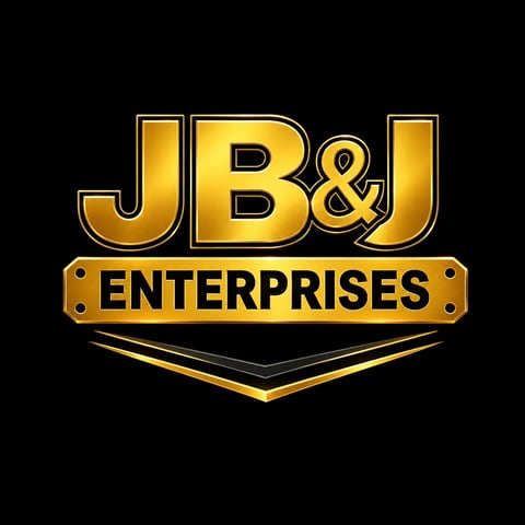 JB&J Enterprises gold logo with metallic letters and badge design on black background